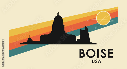 Stylized silhouetted depiction of Boise Idaho landmarks with retro sunset and colorful diagonal stripes emphasizing local