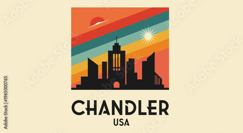 Stylized illustration of a city skyline with colorful sunset and prominent building silhouette representing Chandler USA in a