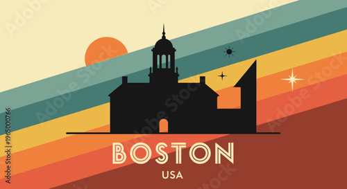 Abstract depiction of a historic Boston building silhouetted in a colorful sunset scene with celestial elements and vibrant