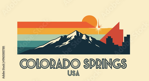 Vintage-inspired Colorado Springs landscape artwork featuring mountain silhouette and vibrant sunset colors capturing scenic