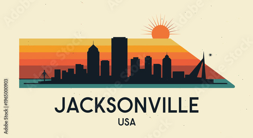 Stylized illustrative cityscape of Jacksonville Florida depicting sunset with vibrant layered sky silhouette and iconic
