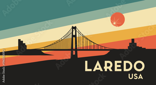 Stylized minimalistic digital illustration of the iconic Laredo bridge in USA with vibrant sunset sky in warm hues