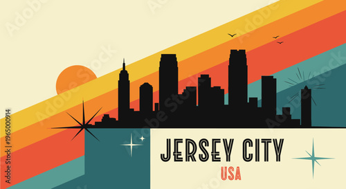 Stylized skyline illustration of Jersey City with vibrant retro sunset background and minimalistic design