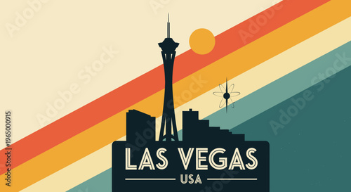 Vibrant Retro Style Illustration of Las Vegas Skyline with Sunset and Colorful Stripes