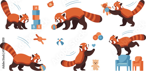 Playful Red Panda Vector Collection with Cute Poses, Playing with Toys, Balls, Blocks, and Stuffed Animals, Adorable Wildlife Illustrations for Kids and Digital Design