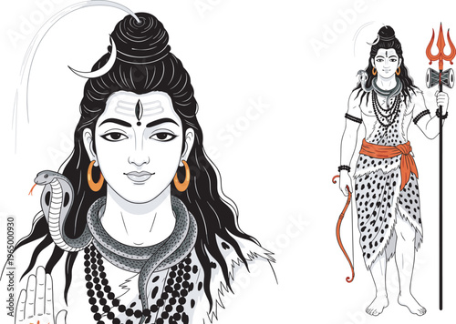 Vector illustration of Hindu deity Lord Shiva featuring a portrait and full body standing pose with trident cobra snake and crescent moon on white.