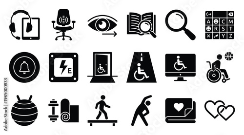 Collection of universal accessibility and wellbeing icons for inclusive educational platforms, health applications, supportive technologies, and assistive living environment resources