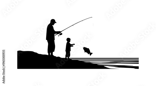 Father and Child Fishing Silhouette Vector Illustration