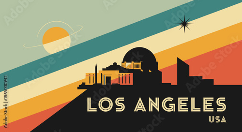 Vintage style abstract Los Angeles city skyline with planetary and star motifs in earthy tones