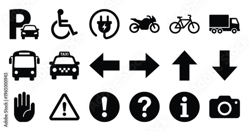 Essential vector icon set for public guidance and digital interfaces, featuring transport, accessibility, directions, warnings, info, and camera symbols for web and mobile applications.