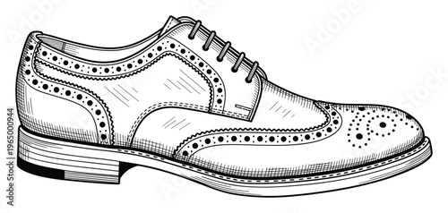 Classic mens dress shoe in an engraved line art style, perfect for sophisticated fashion publications, traditional apparel branding, and elegant footwear advertisements