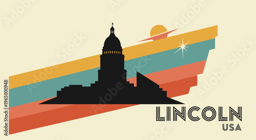 Stylized silhouette of the Lincoln Memorial against a vibrant retro sunset with colorful geometric stripes and celestial accents