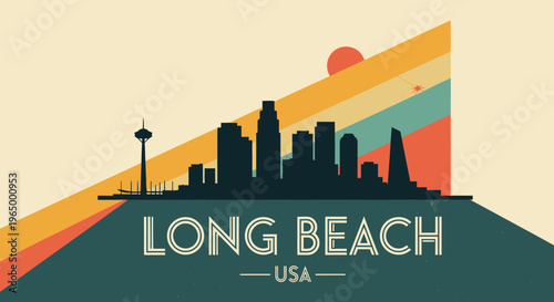 Vibrant Retro-Inspired Illustration of the Long Beach Skyline with Sunset Background