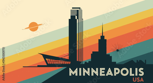 Artistic depiction of Minneapolis skyline with retro sunset and vibrant color stripes emphasizing urban architecture and