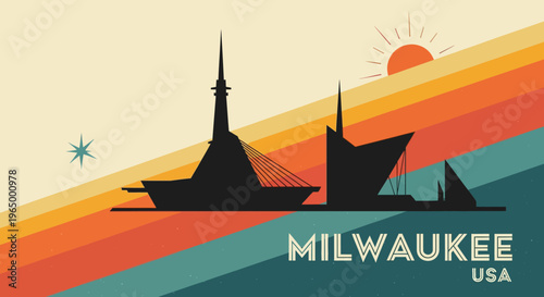 Stylized silhouette artwork of Milwaukee skyline with vibrant sunset colors and geometric design elements capturing cityscape