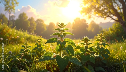 A serene landscape of lush greenery at sunrise
