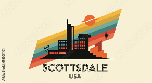 Futuristic stylized neon illustration of Scottsdale Arizona city skyline with sunset and bold geometric shapes highlighting