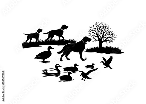 Silhouette Dogs Herding Waterfowl by Pond