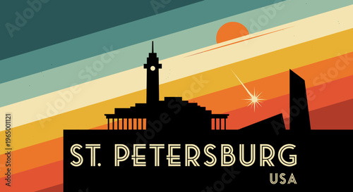 Vibrant retro-styled illustration of St Petersburg skyline featuring iconic landmarks against a colorful sunset background in a