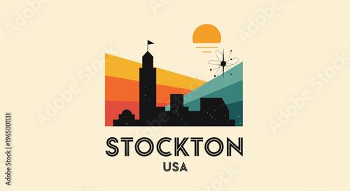 Stylized graphical representation of Stockton's iconic skyline with vibrant sunset and creative elements capturing city spirit
