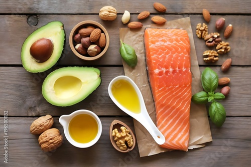 Fresh salmon fillet with avocados nuts and olive oil on wooden table almonds walnuts