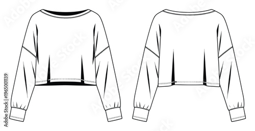 Professional technical drawing of a contemporary womens cropped long sleeve top with a wide neck and voluminous sleeves perfect for apparel design production and style guides