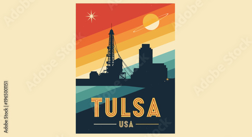 Retro-style sunset over Tulsa Oklahoma with silhouette of oil rig and city skyline in vibrant warm hues