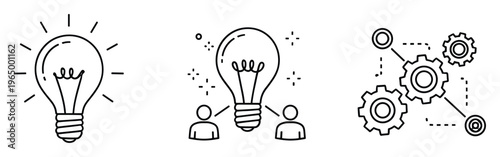 Collection of linear icons representing innovation, collaborative thinking, and complex system development, perfect for business presentations, technology articles, and educational