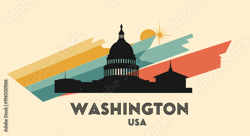 Stylized silhouette of the united states capitol building with vibrant abstract background and shining sun in warm tones