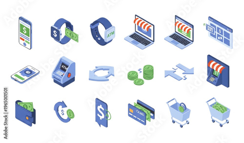 Isometric ecommerce and online banking icon set with smartphone payment ATM terminal and digital marketplace elements for fintech design