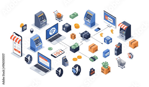 Online shopping and banking isometric illustration set with payment devices money transfer and ecommerce platform elements for web design