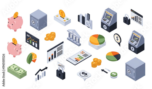 3D isometric finance and banking illustration set with savings accounting ATM and money security elements for modern web design