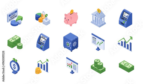 Isometric banking and finance icon set with piggy bank ATM safe and financial statistics elements for fintech and business design