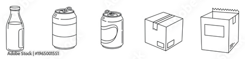 Set of different packaging types including a bottle, soda cans, a shipping box, and a shopping bag, useful for displaying product storage, delivery, and consumer goods concepts.