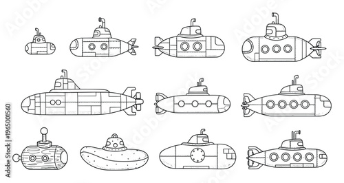 A diverse collection of stylized black and white submarine line drawings perfect for childrens books, educational materials, graphic resource packs, or engaging coloring activity pages