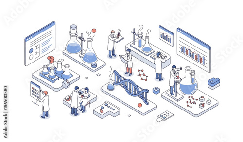 Genetic research laboratory outline isometric illustration with scientists analyzing DNA and conducting clinical experiments for web design