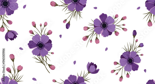 Seamless purple floral pattern with cosmos flowers and buds on white background for spring textile design