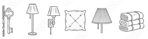 A complete collection of essential household items featuring an old fashioned key, various lamps, a tufted pillow, and rolled towels for home furnishing branding and lodging industry