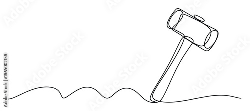 Continuous line drawing of a judges gavel symbolizing law and order, justice, and important decisions, perfect for legal industry advertising or courtroom related presentations.