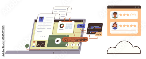 Web design, software development, coding education, data management, cloud computing, user interaction. Open laptop displaying coding interfaces, data charts and review pages. Web design