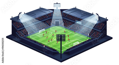 Isometric 3D render of a modern sports stadium with a soccer field and players, showcasing its architecture and infrastructure in a futuristic design.