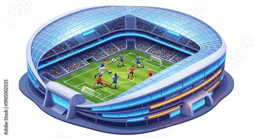 Isometric 3D render of a modern sports stadium with a soccer game in progress, featuring a low poly design and a detailed urban arena structure.