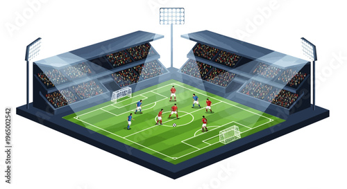 Isometric 3D render of a soccer stadium with players on the field and spectators in the stands, showcasing modern stadium design and architecture with a focus on sports infrastructure.