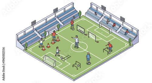 Isometric 3D render of a soccer stadium with players in action on the green field surrounded by blue seats in a modern sports arena.