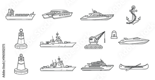 Collection of various water and marine transportation vessels and nautical objects perfect for educational materials, maritime industry presentations, or travel related projects