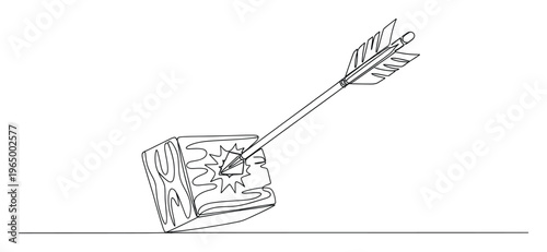 Single continuous line drawing of an arrow hitting a wooden block, symbolizing target achievement, success in business goals, and precise execution for project completion.