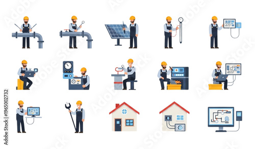 Smart home and industry maintenance workers character set with engineers repairing equipment and installing solar panels for service design