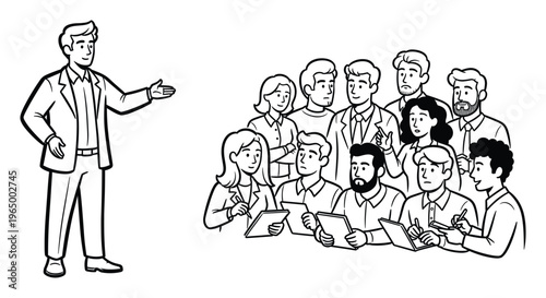 A smiling male presenter in a suit gestures while explaining a concept to a diverse group of attentive men and women taking notes on tablets, perfect for business meetings, education, or