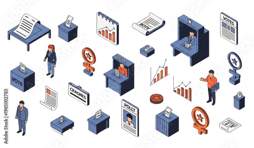 3D isometric voting and election illustration set with ballot papers campaign elements and polling icons for political design