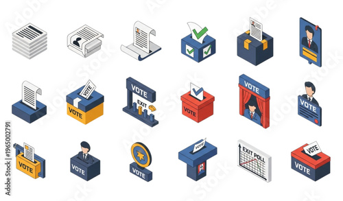 Isometric election and voting icon set with ballot box voting booth candidate selection and polling elements for civic design